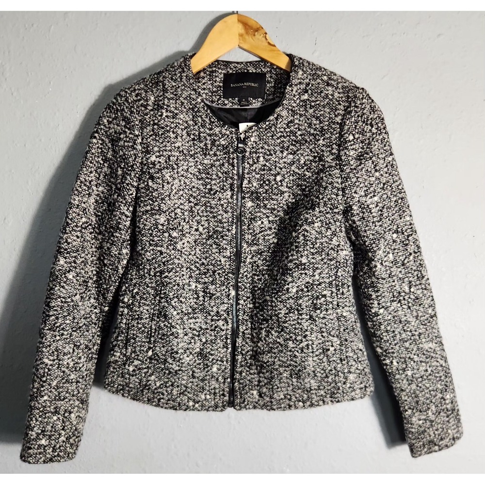 Banana Republic Gray tweed black Trim full zip Blazer Jacket Size 0